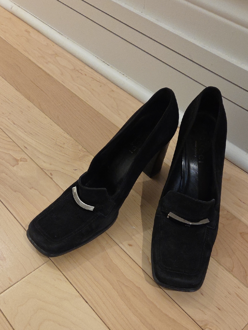 Gucci Black Suede Block Heel Loafers with Silver Accent Bar